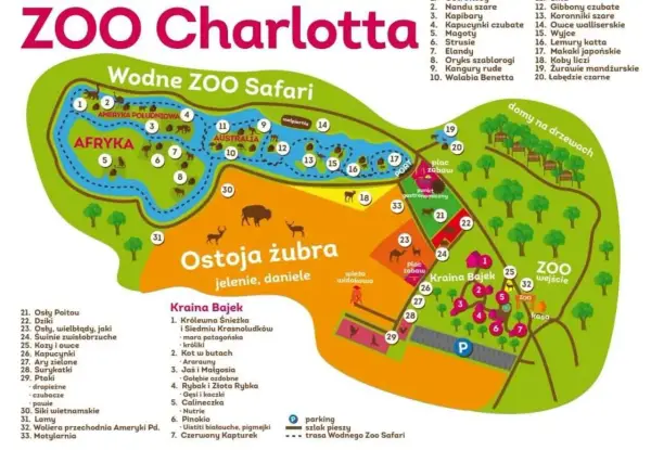 Mapa Zoo Charlotta: Wodne Zoo Safari, Ostoja Żubra, Kraina Bajek. Idealne słupsk atrakcje dla dzieci, z podziałem na kontynenty i bajkowe krainy.